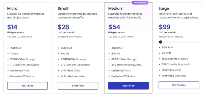 Cloudways hosting pricing comparison table with Micro, Small, Medium, and Large plans for SiteGround vs Cloudways 2025 review.