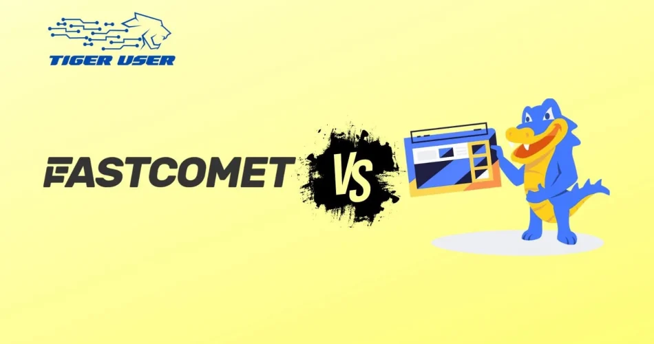 FastComet vs HostGator hosting comparison graphic – web hosting service battle with mascots on yellow background