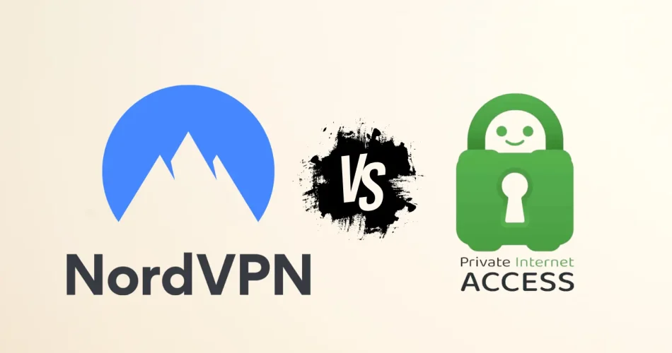 NordVPN vs Private Internet Access (PIA) comparison image showing logos, cybersecurity icons, and VS symbol for VPN review in 2025.