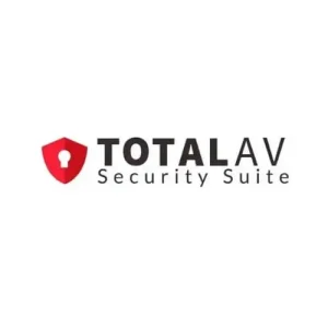 TotalAV Security Suite logo featuring a red shield with a keyhole, representing antivirus protection.