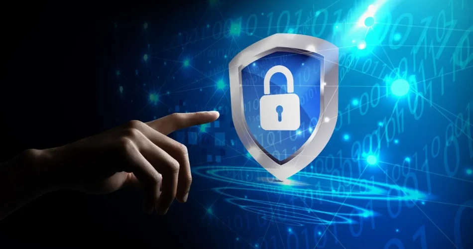 What is a network security key visualized as a digital lock protecting a Wi-Fi connection.