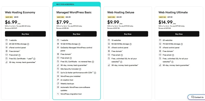GoDaddy pricing plans comparison showing Economy, Deluxe, Ultimate, and WordPress hosting options for SiteGround vs GoDaddy review.