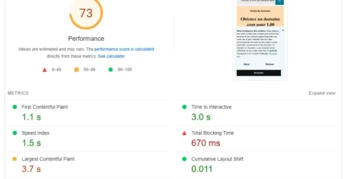 GoDaddy speed test results showing a 73 performance score with slow load time and high blocking for SiteGround vs GoDaddy comparison.