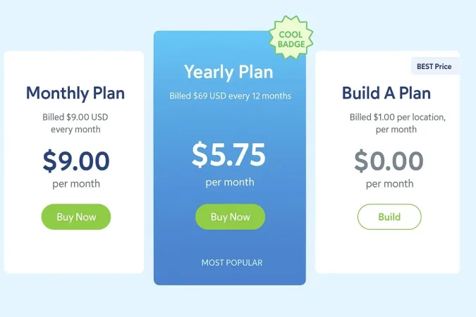  Windscribe VPN pricing comparison showing Monthly, Yearly, and Build A Plan options with clear costs, features, and buy buttons.