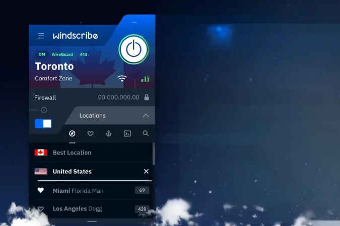 Windscribe VPN desktop interface connected to Toronto server using WireGuard protocol, showing location options and secure firewall.